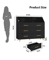 gaomon 6 Drawer Dresser with Charging Station, Shelf and Led Light, 47 inches Modern Wooden Chest