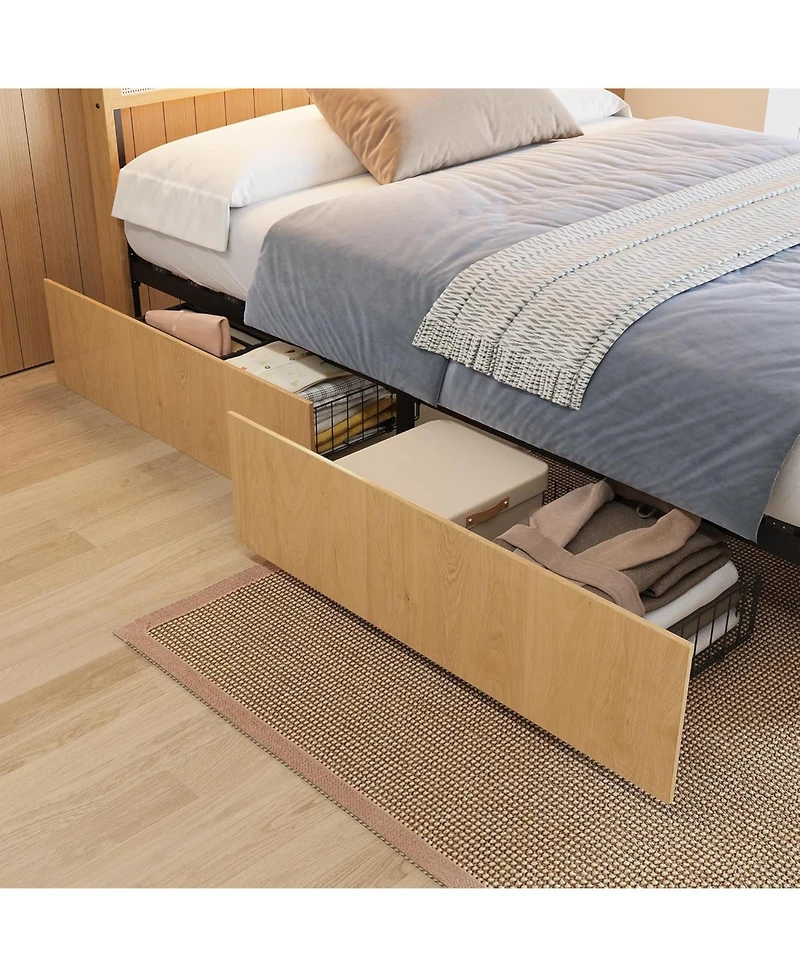 gaomon Size Rattan Bed Frame with 4 Storage Drawer, Boho Style Rattan Bed with Led Light and Natural Headboard, Sturdy Wooden Slats Support