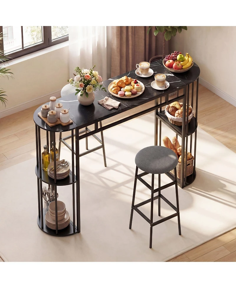 Slickblue Dining Table with 2 Barstools, 60 Inch Faux Marble Top and Upholstered Seats
