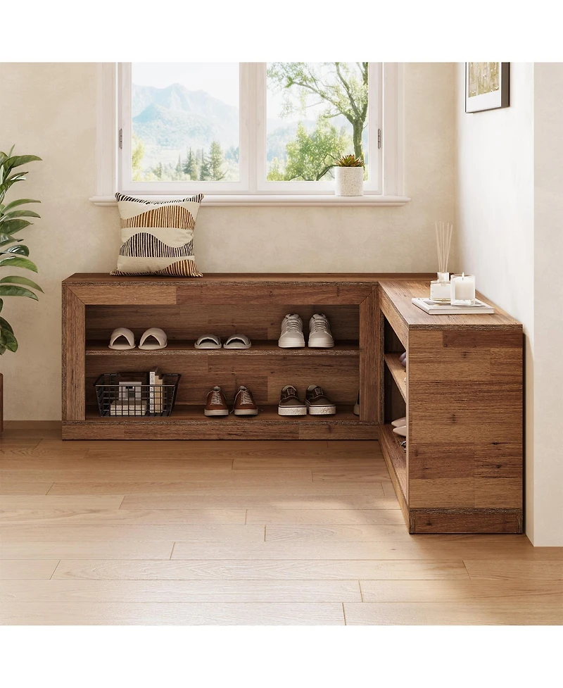 Tribesigns L-Shaped Corner Shoe Bench, 2-Piece Modular Wooden Nook Bench with Open Storage Shelves