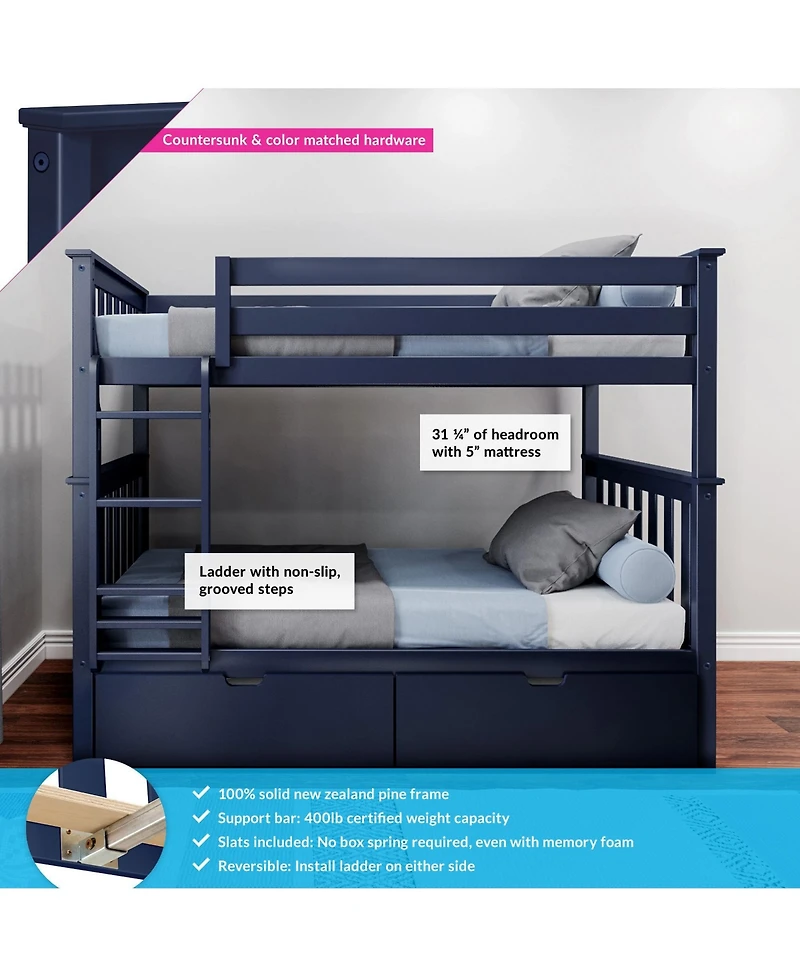 Max and Lily Solid Wood Twin over Bunk Bed for Kids with Underbed Storage Drawers