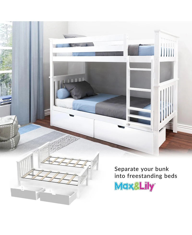 Max and Lily Solid Wood Twin over Bunk Bed for Kids with Underbed Storage Drawers