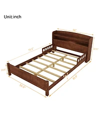 Sailvan Full Pine Wood Bed with Bookcase Headboard, Led Motion Sensor Light and Guardrails