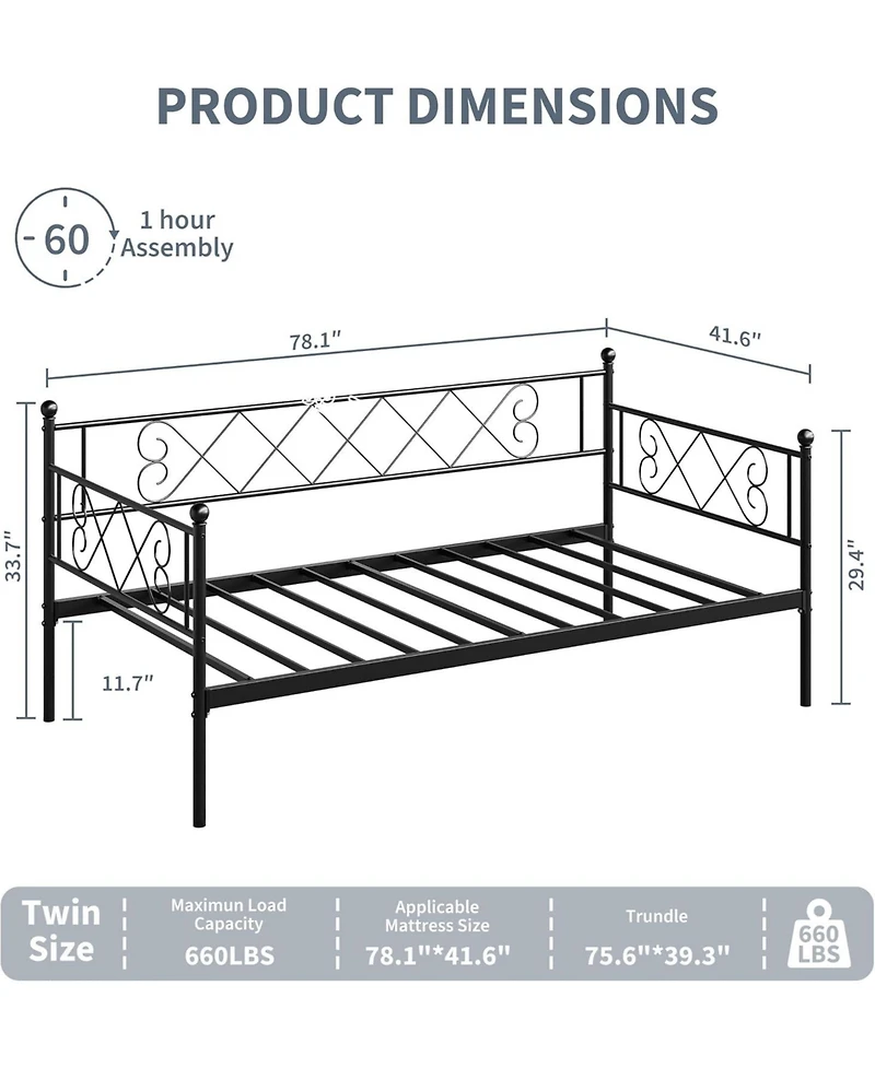 gaomon Twin Heart-Shaped Metal Daybed with Trundle, Heavy-Duty Steel Slat Support. Convertible Sofa Bed for Living/Bedroom/Guest Room