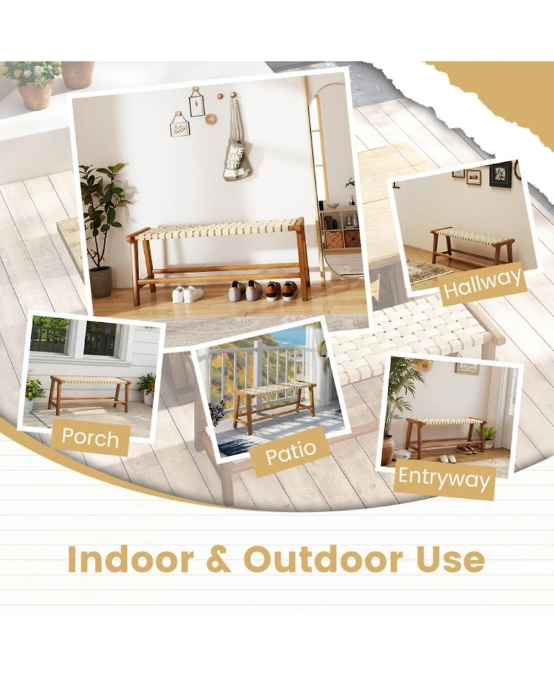 Sugift 47 in Teak Wood Backless Outdoor Bench with Hand-Woven Pp Seat