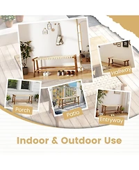 Sugift 47 in Teak Wood Backless Outdoor Bench with Hand-Woven Pp Seat