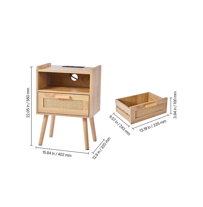 Sugift Rattan Nightstand with Built-In Charging Station, Drawer, and Open Shelf