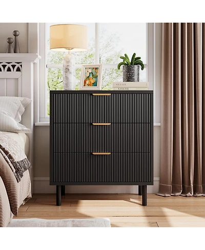 gaomon Fluted 3 Drawer Modern Dresser with Metal Legs, Wood Storage Chest for Bedroom Living Room