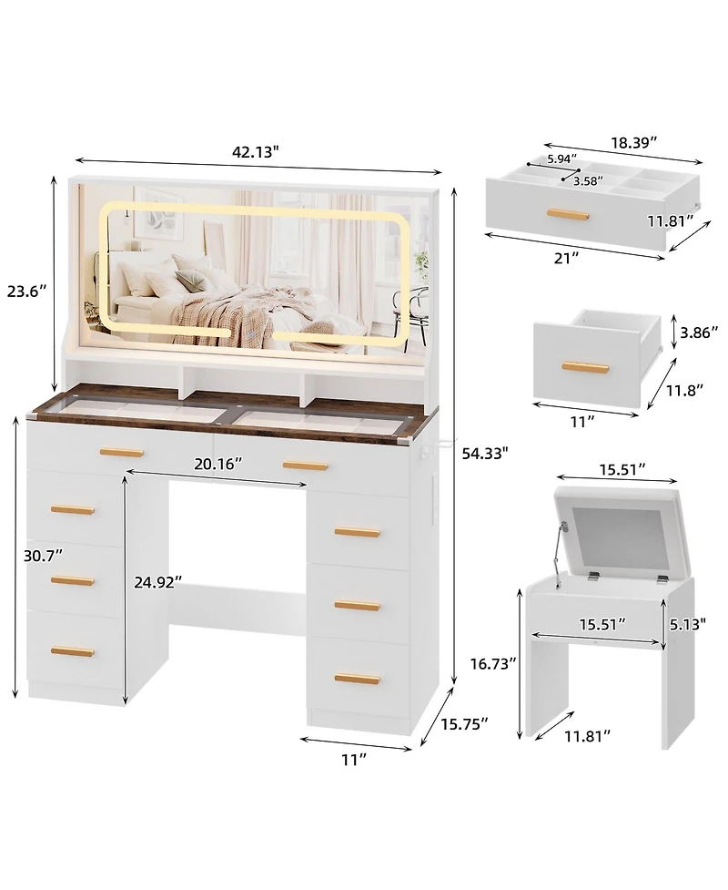 Homfan Makeup Vanity Desk Set with Large Lighted Mirror, 8 Drawers, 3 Storage Shelves, Glass Top, Stool, Built-in Power Outlet