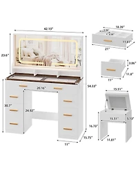 Homfan Makeup Vanity Desk Set with Large Lighted Mirror, 8 Drawers, 3 Storage Shelves, Glass Top, Stool, Built-in Power Outlet