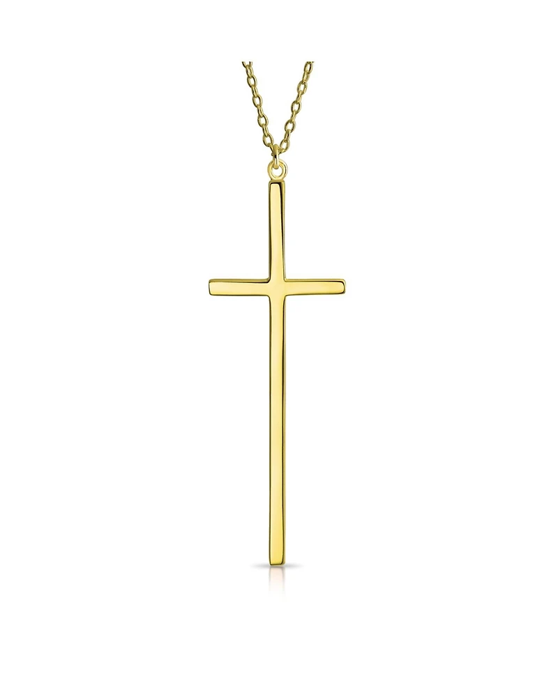 Bling Jewelry Modern Elongated Simple Basic Long Flat Thin Delicate Religious Latin Cross Pendant Necklace Rose Gold Plated .925 Sterling Silver