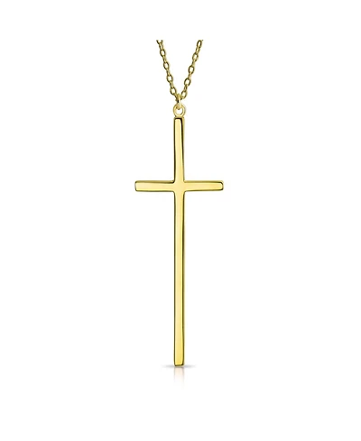 Bling Jewelry Modern Elongated Simple Basic Long Flat Thin Delicate Religious Latin Cross Pendant Necklace Rose Gold Plated .925 Sterling Silver
