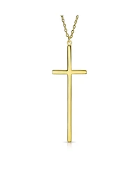 Bling Jewelry Modern Elongated Simple Basic Long Flat Thin Delicate Religious Latin Cross Pendant Necklace Rose Gold Plated .925 Sterling Silver