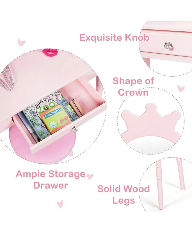 Gouun Kids Wood Vanity Dressing Table with Drawers and Cushioned Stool