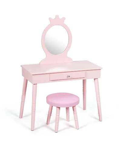 Gouun Kids Wood Vanity Dressing Table with Drawers and Cushioned Stool