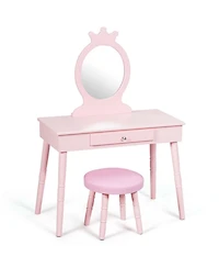 Gouun Kids Wood Vanity Dressing Table with Drawers and Cushioned Stool