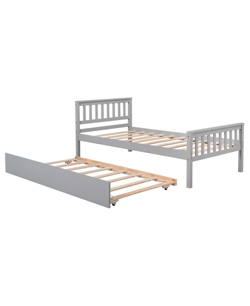Rainsken Twin Bed with Trundle, Wood Platform Frame Headboard and Footboard, No Box Spring Needed for Kids Boys Girls Teens