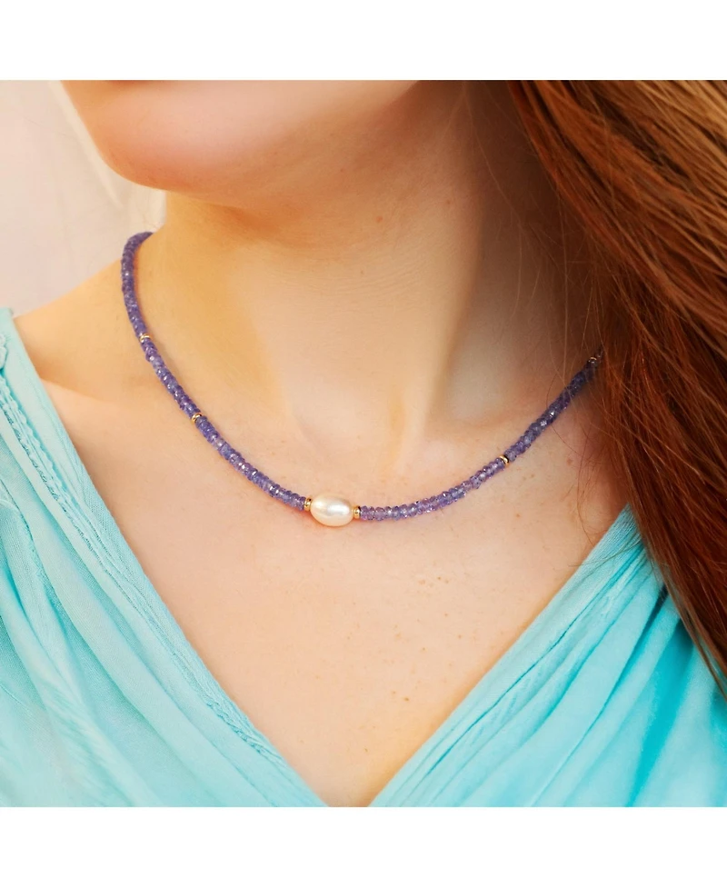 The Lovery Tanzanite Bead Pearl Necklace 14K Yellow Gold