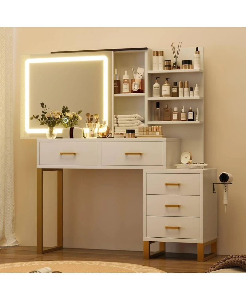 Homfan Large Makeup Vanity Desk with Sliding Mirror, Led Lights, Charging Station, 5 Drawers, 3 Open Shelves