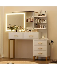Homfan Large Makeup Vanity Desk with Sliding Mirror, Led Lights, Charging Station, 5 Drawers, 3 Open Shelves