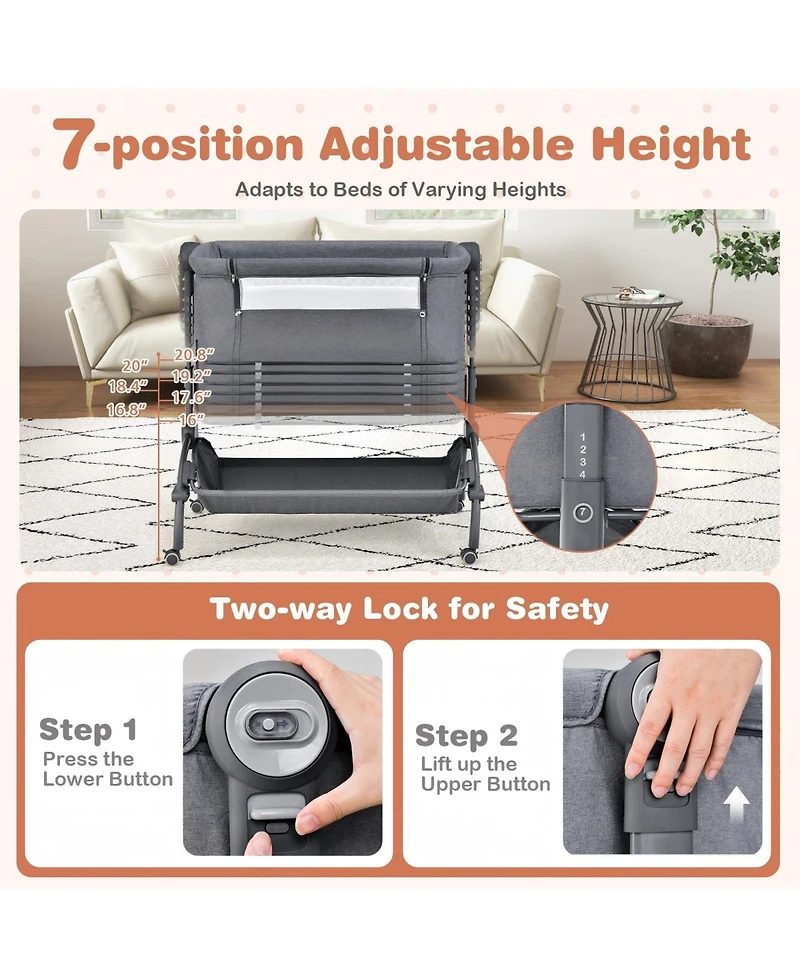 Gouun Baby Convertible 3-in-1 Bassinet with Rocking Base and Double-Lock Wheels