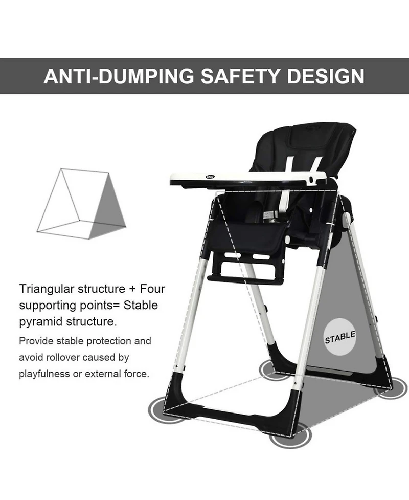 Gouun Foldable Highchair with Adjustable Backrest Recline and Removable Tray
