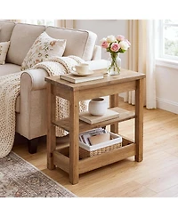 Tribesigns Solid Wood End Table with 3-Tier Storage Shelf, Farmhouse Narrow Sofa Side Table, Small Rectangular Nightstand