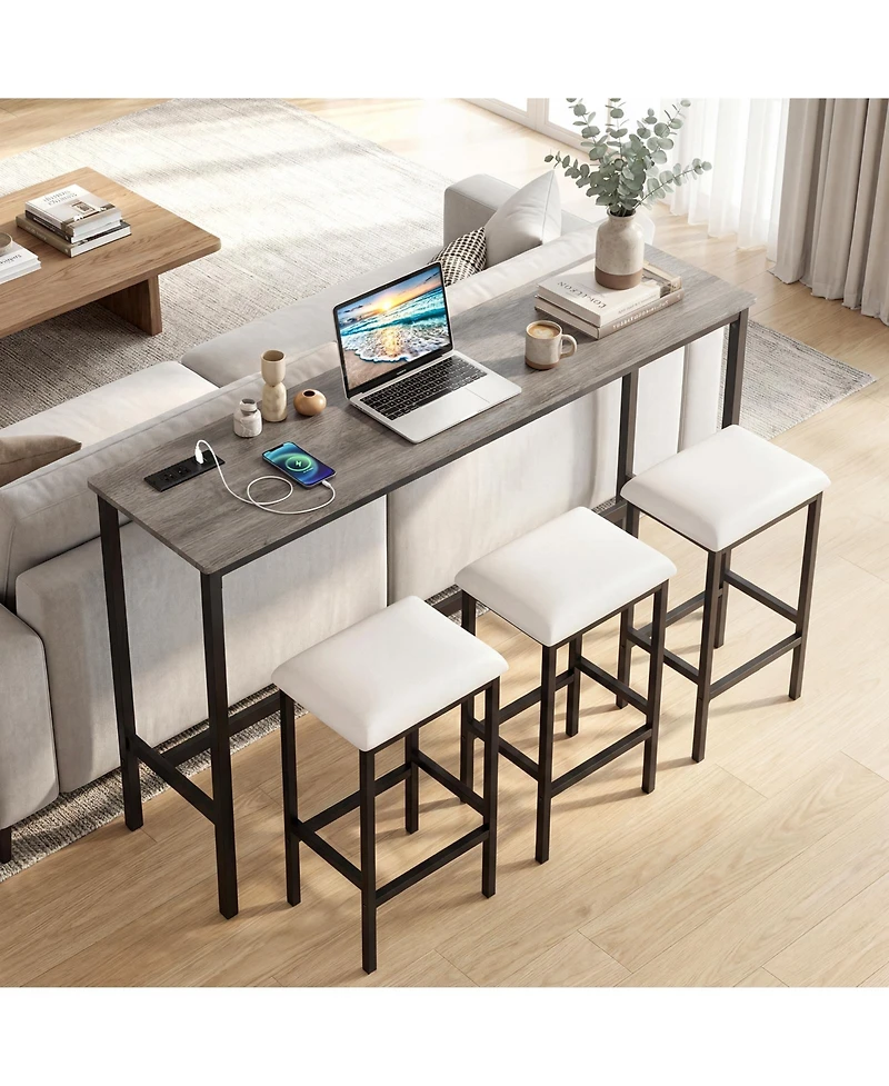 Gymax 4Pieces Counter Height Bar Table with Power Outlet 3 Padded Stools for Breakfast Nook
