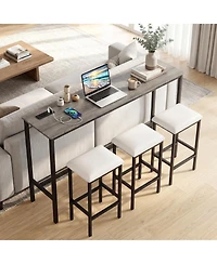 Gymax 4Pieces Counter Height Bar Table with Power Outlet 3 Padded Stools for Breakfast Nook