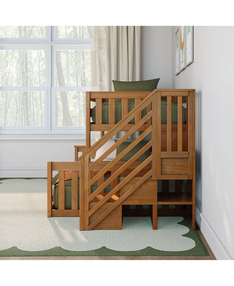 Max & Lily Wooden over Full Low Bunk Bed for Kids with Staircase, Pecan