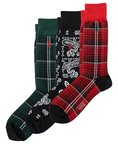 Polo Ralph Lauren Men's Chopped Bandana and Plaid Pattern Socks, 3-Pack