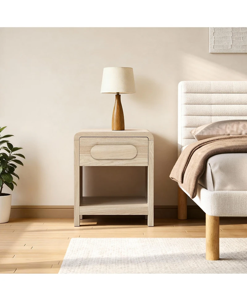 LuxenHome Nightstand with Storage, End Table with Light Wood Finish, Drawer and Open Shelf