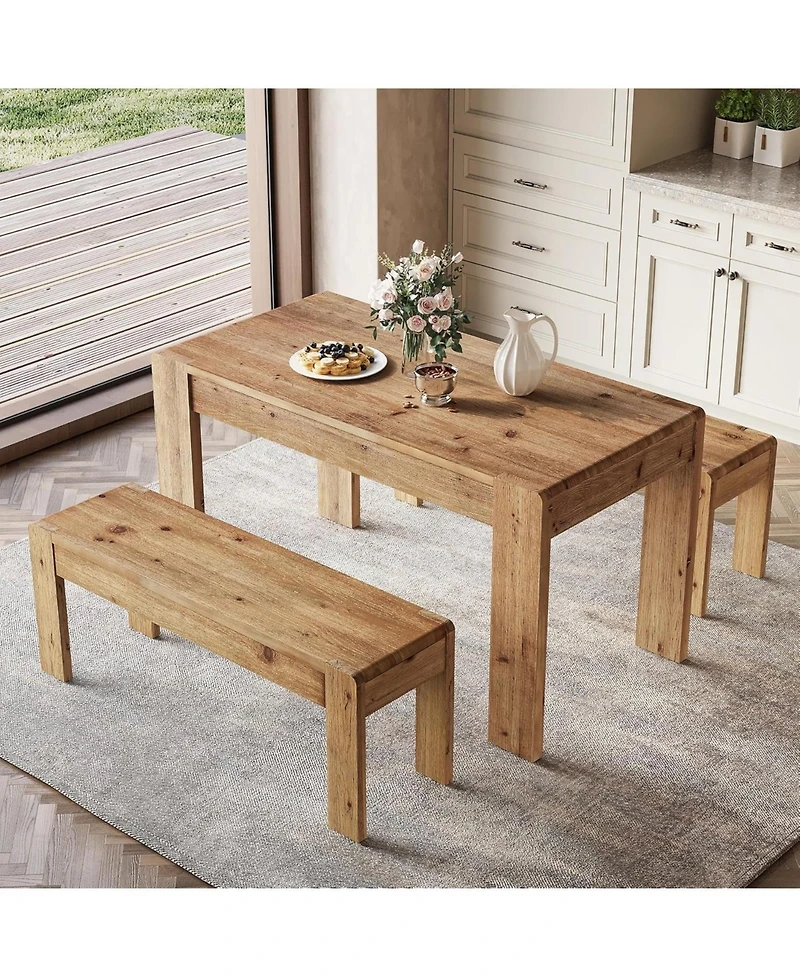 Tribesigns Solid Wood Dining Table Set for 4-6, 55" Dining Table with 2 Benches, Farmhouse Kitchen Table Set with Sturdy Legs, Dining Room Table Set