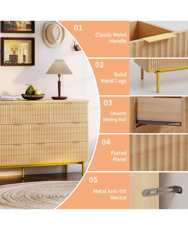 gaomon Fluted 7 Drawer Dresser with Gold Handles Curved Profile Design, 54" Wide Modern Wood Storage Cabinet and Tv Stand