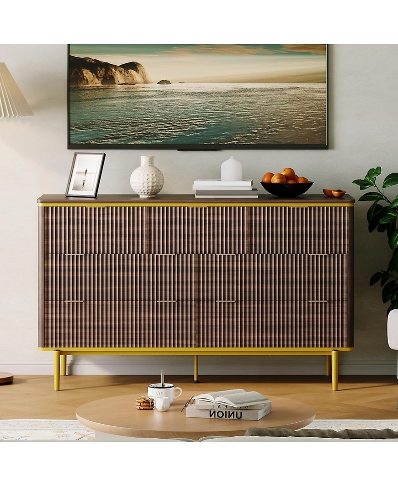 gaomon Fluted 7 Drawer Dresser with Gold Handles Curved Profile Design, 54" Wide Modern Wood Storage Cabinet and Tv Stand