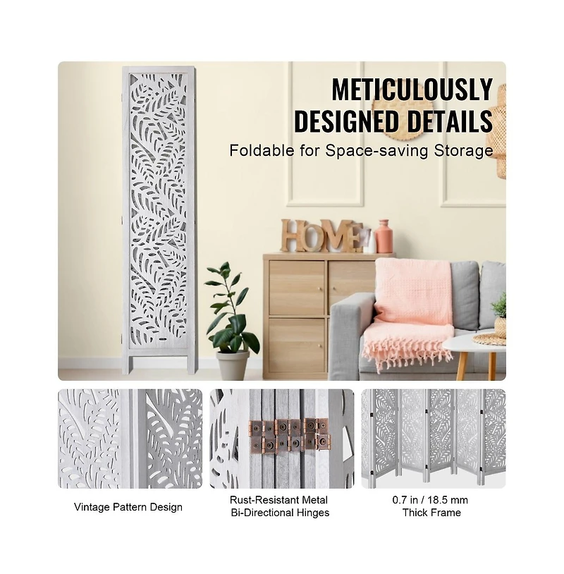 Sugift 6-Panel Carved Wood Folding Room Divider, 66.9 in Tall Indoor Privacy Screen