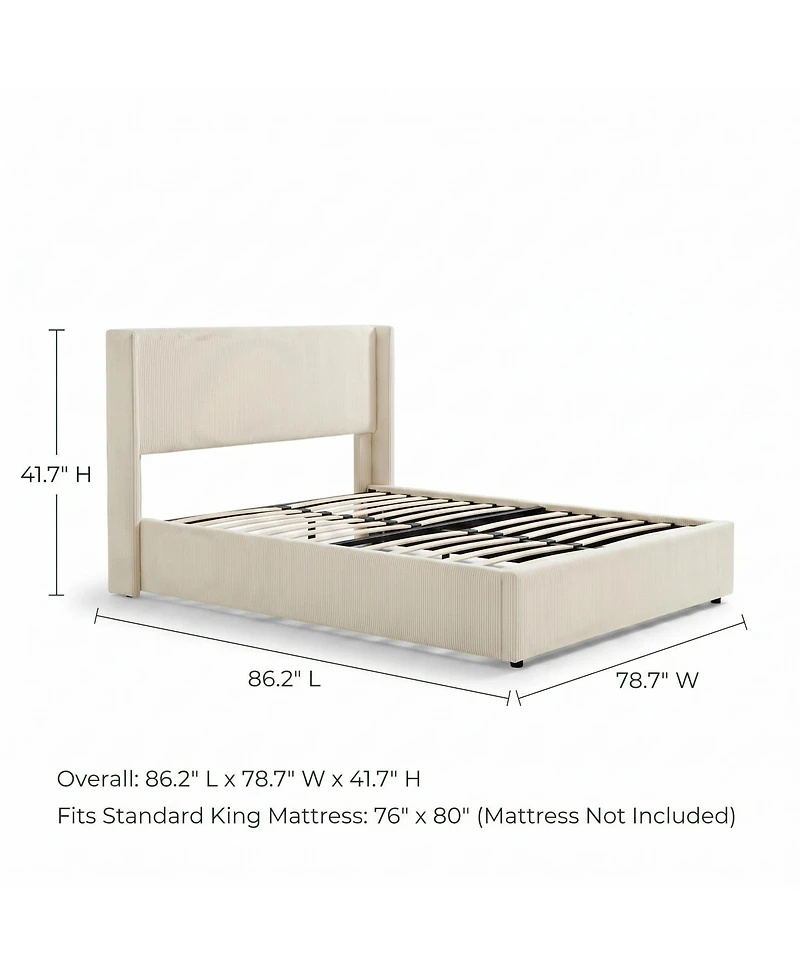 Homfan Lift Up Storage Bed, Modern Corduroy Upholstered Platform Bed Frame with Wingback Headboard, Gas Lift Hydraulic Storage