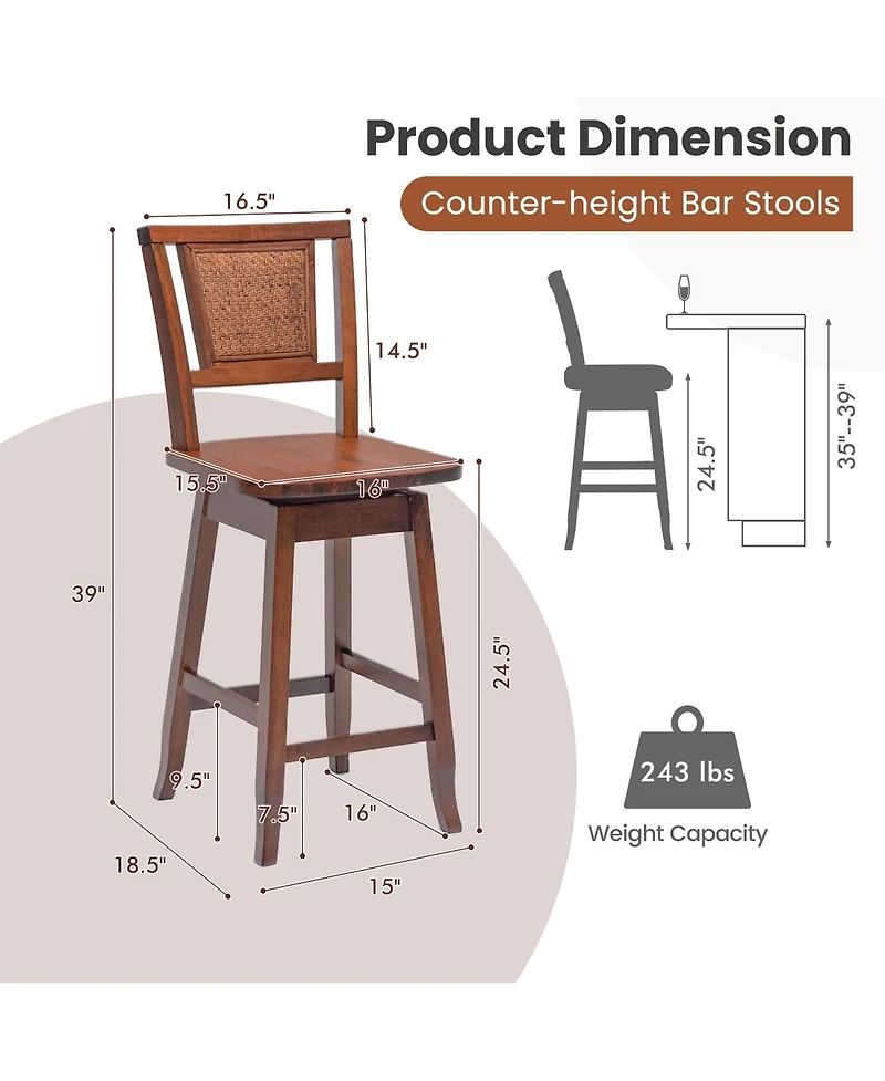 Set of 2 Swivel Bar Stools Counter Height Rubber Wood Pub Chairs w/ Rattan Back