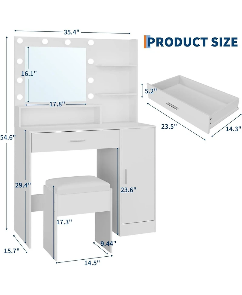 gaomon Vanity with Mirror, Three-Level Adjustable Lighting, Drawer Cabinet, Power Outlet and Stool Compact Design Ideal for Bedrooms Apartments