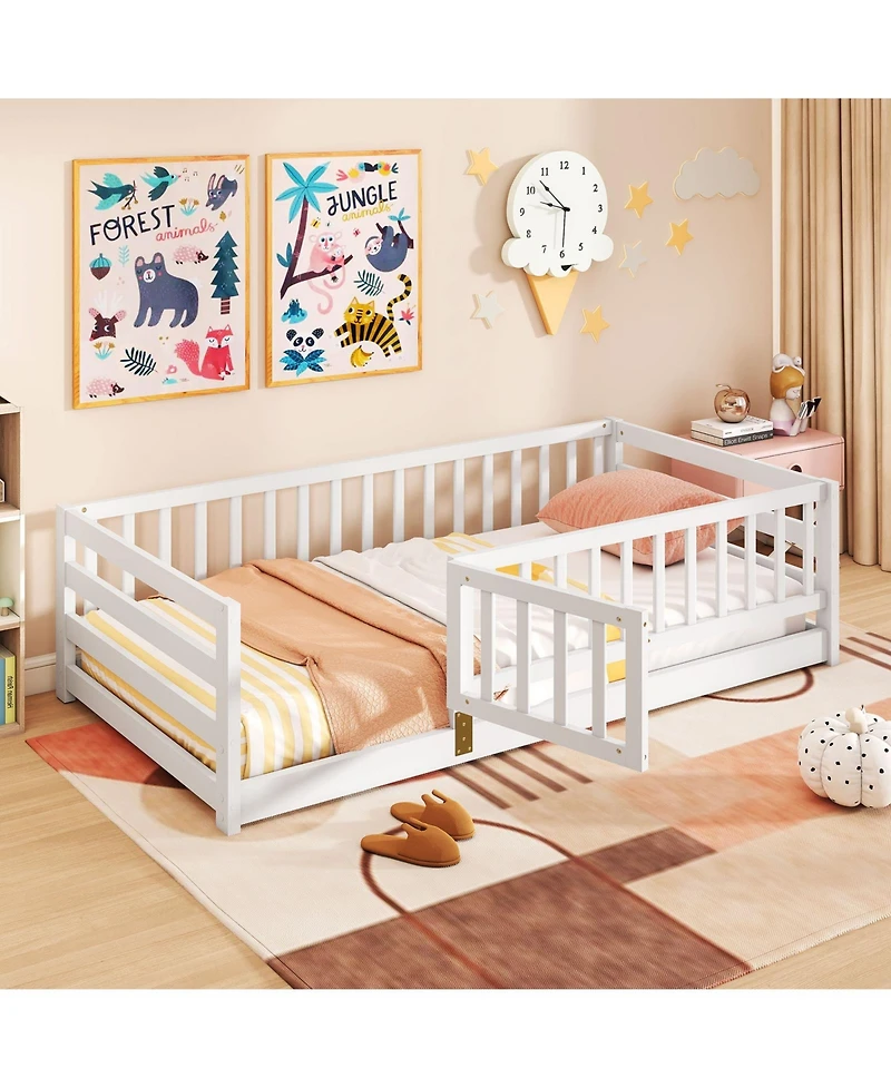 Slickblue Kids Twin Floor Bed with Safety Fence and Playhouse Door - 41