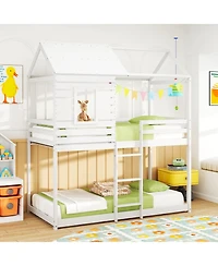 Slickblue Kids House Bunk Bed Twin Over Twin with Roof and Safety Rails