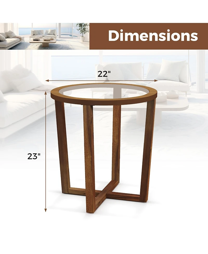 Gymax Modern Round End Table w/ Transparent Tempered Glass Top Solid Acacia Wood Legs