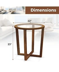 Gymax Modern Round End Table w/ Transparent Tempered Glass Top Solid Acacia Wood Legs
