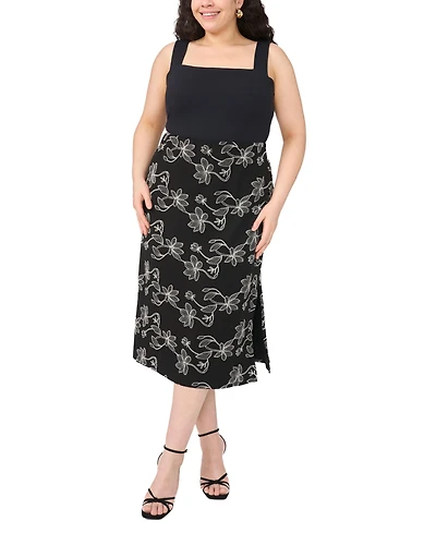 Vince Camuto Plus Floral Embroidered Pull-On Midi Skirt