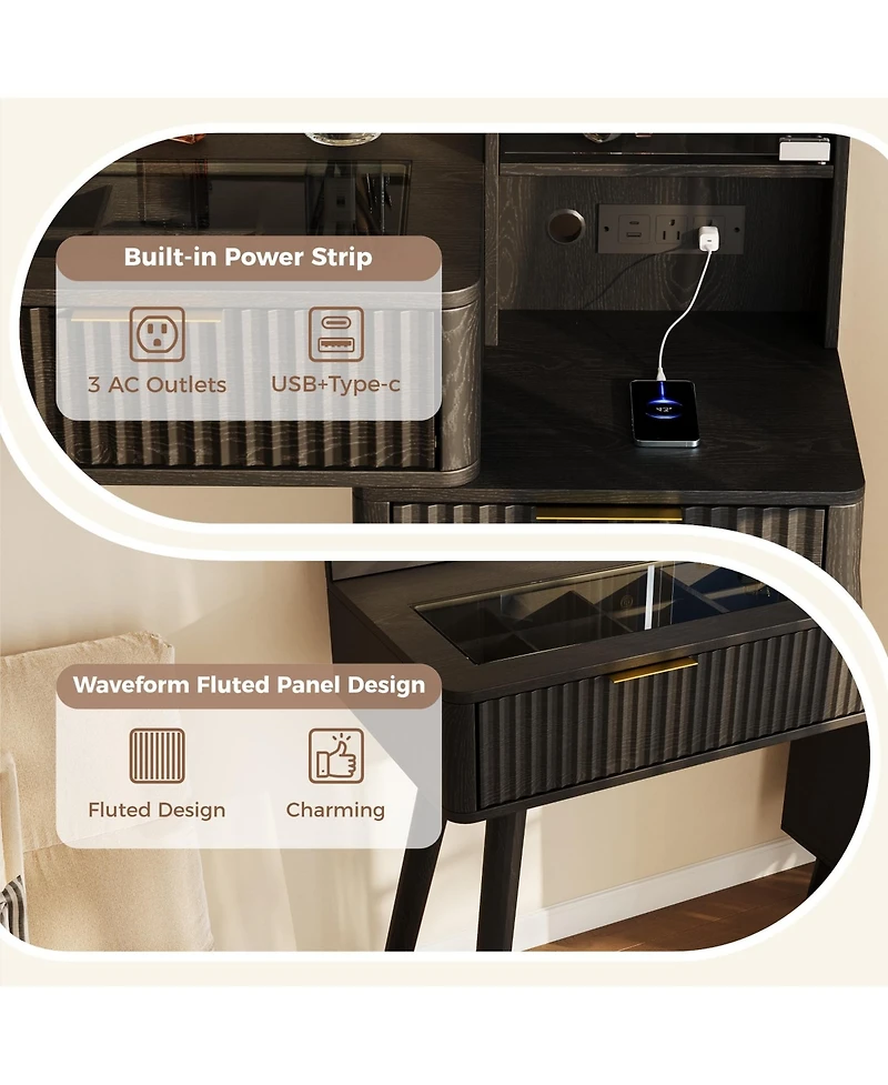 Homfan Vanity Desk with Lighted Mirror, Glass Top Dressing Table with Charging Station and Cushioned Storage Stool for Bedroom