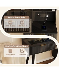 Homfan Vanity Desk with Lighted Mirror, Glass Top Dressing Table with Charging Station and Cushioned Storage Stool for Bedroom