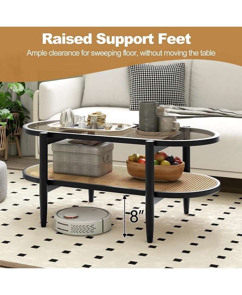 Sugift 2-Tier Coffee Table with Tempered Glass Tabletop and Acacia Wood Frame