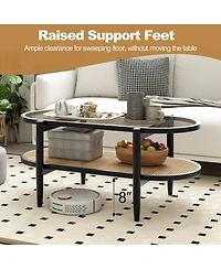 Sugift 2-Tier Coffee Table with Tempered Glass Tabletop and Acacia Wood Frame