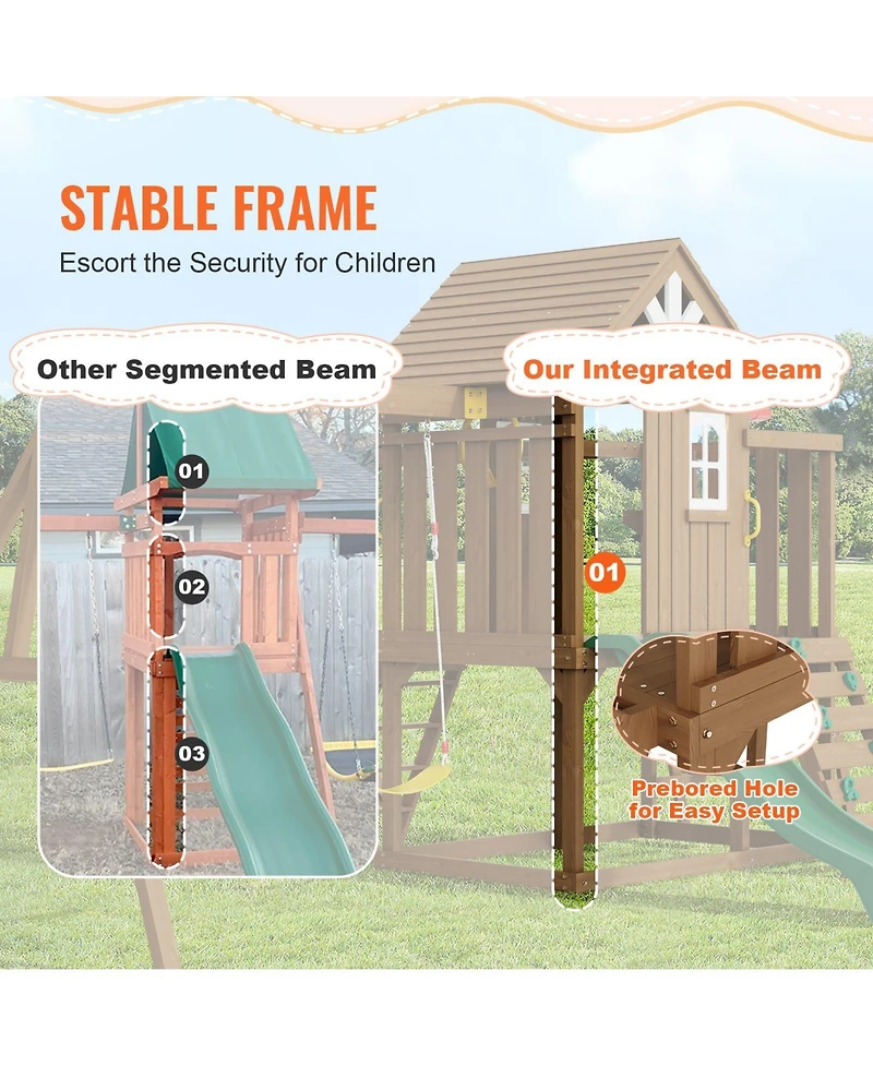 Gouun 10-in-1 Cedar Swing Set with Slide, Fort, Rock Wall and Sandbox for Ages 3-10