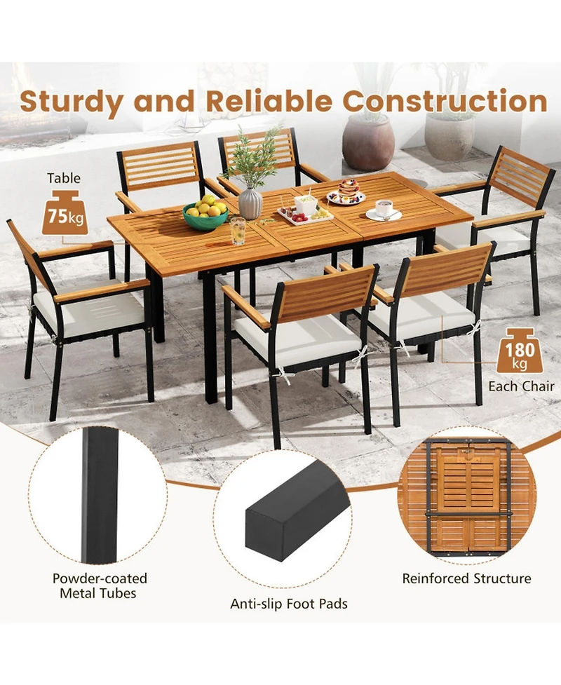 Gouun 7-Piece Expandable Acacia Wood Patio Dining Set with Cushions and Umbrella Hole